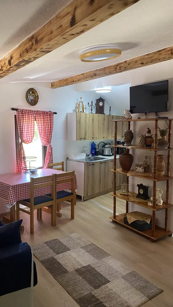Unutrašnjost smeštaja sa kuhinjom i trpezarijskim stolom